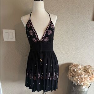 Black Halter Dress with Pink Embroidery